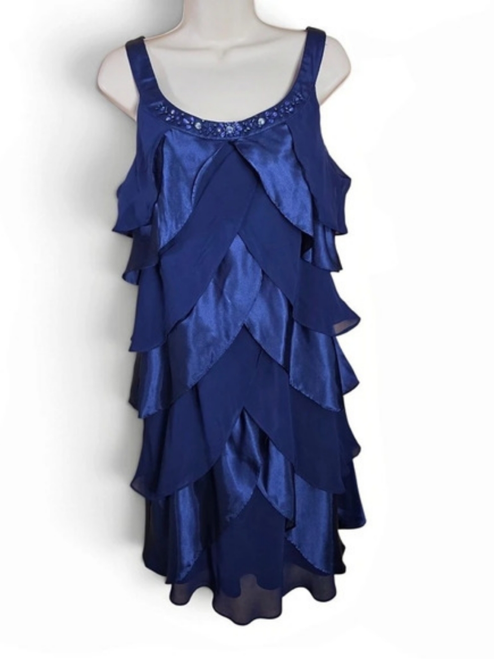 SL Fashions Navy Blue Beaded Tiered Ruffle Cocktail Dress Size 16
